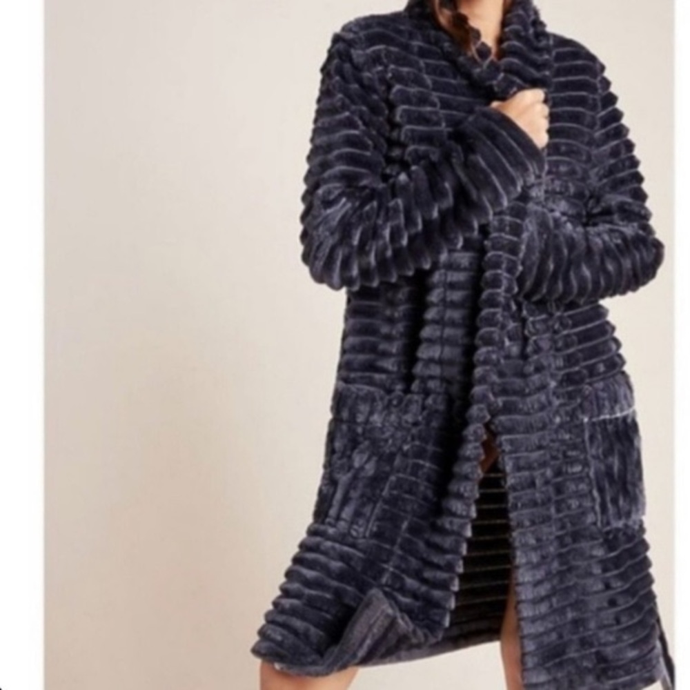 Anthropologie blue Mariposa faux fur robe w/ belt